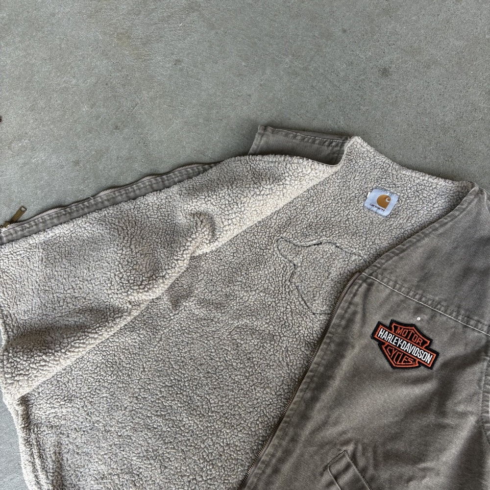 Carhartt Harley Davidson Sherpa Lined Biking Vest Taupe Tan Workwear Patch L - Picture 2 of 3